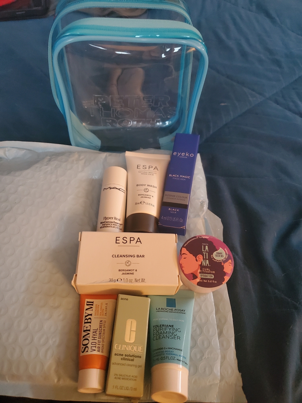 Clear Blue PVC Travel Cosmetic Bag with Skincare Set